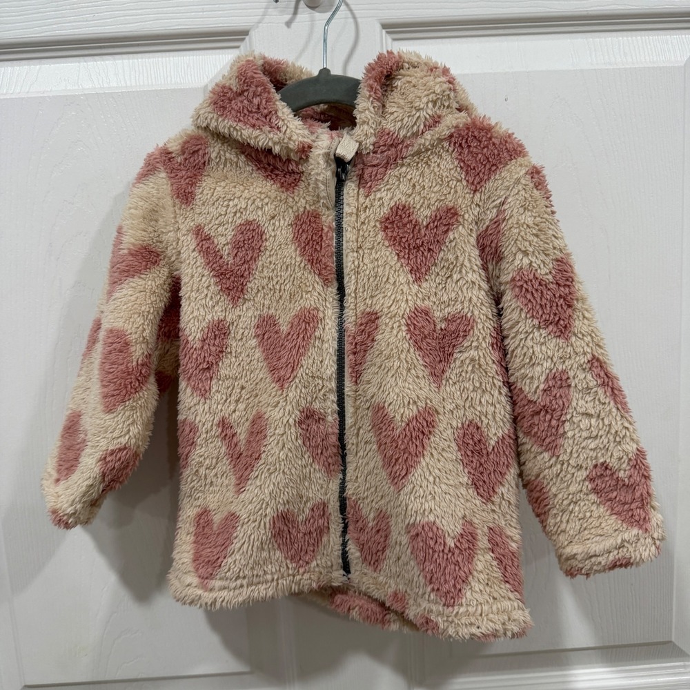 Hanna Andersson Kids Pink Heart Sherpa Fleece Hoodie with Ears US 2T 85cm